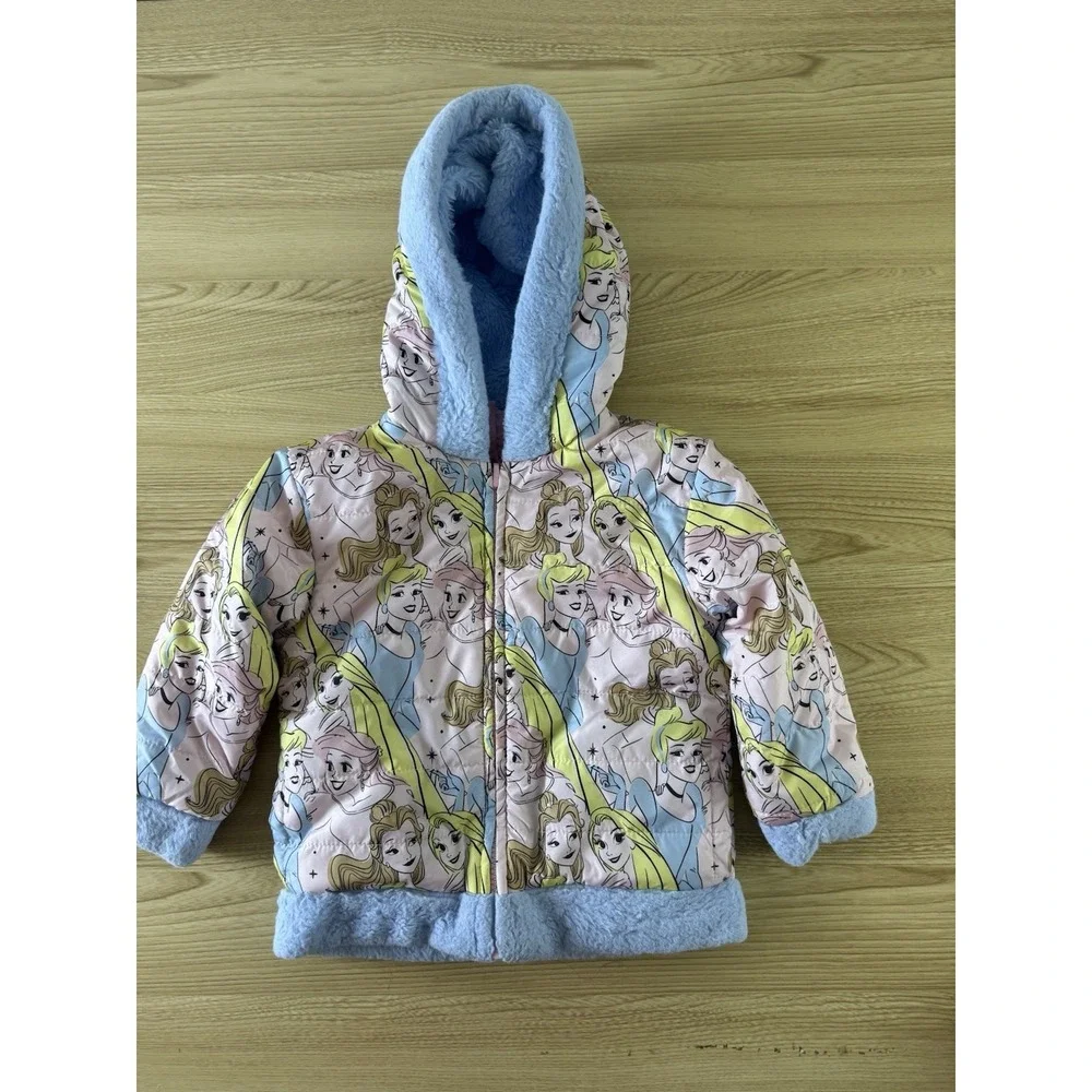 Disney Princess Reversible Puffer Jacket Girls 2T Pink Blue Faux Fur Hooded Coat
